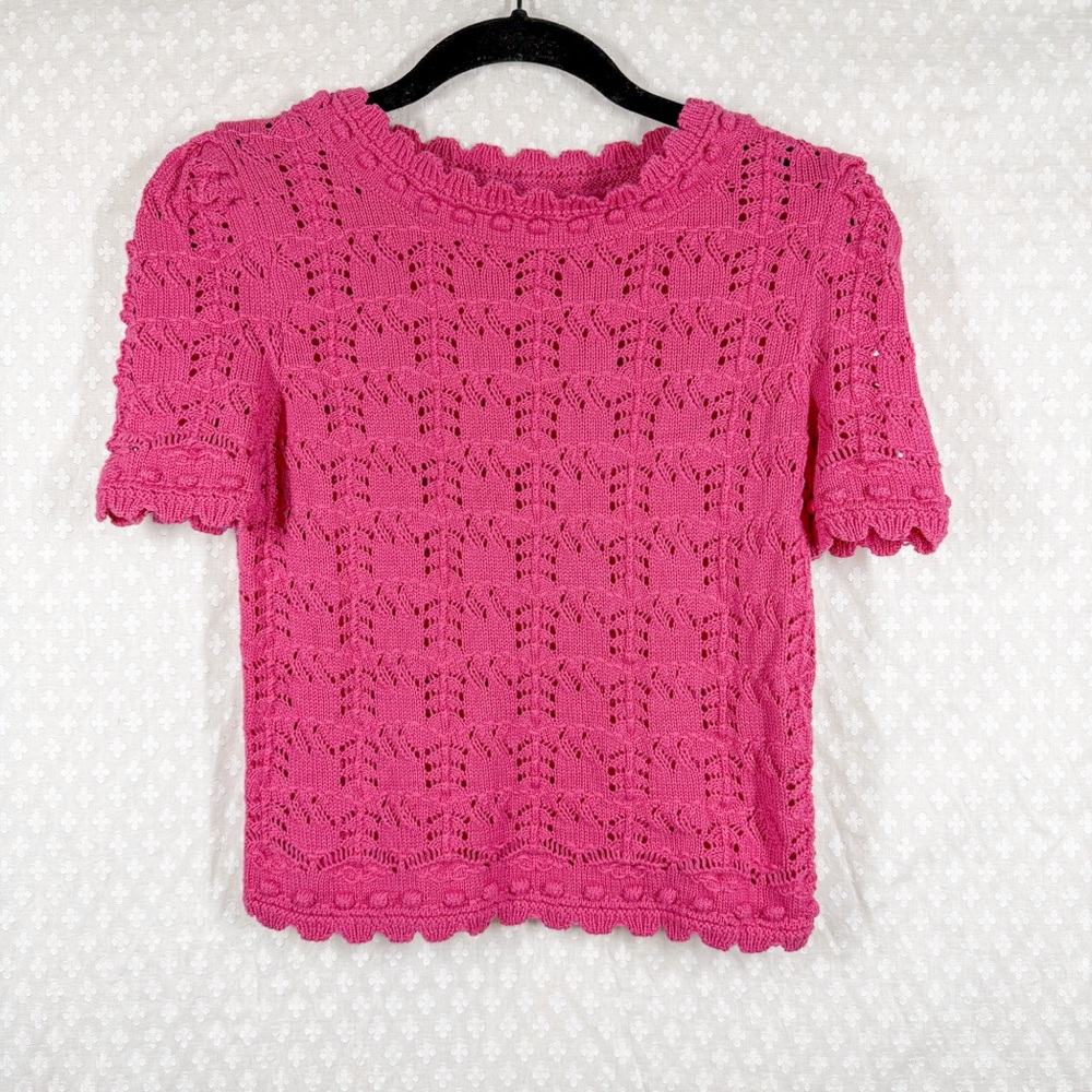 Anthropologie Pink Crochet Eyelet Short Sleeve Knit Top‎